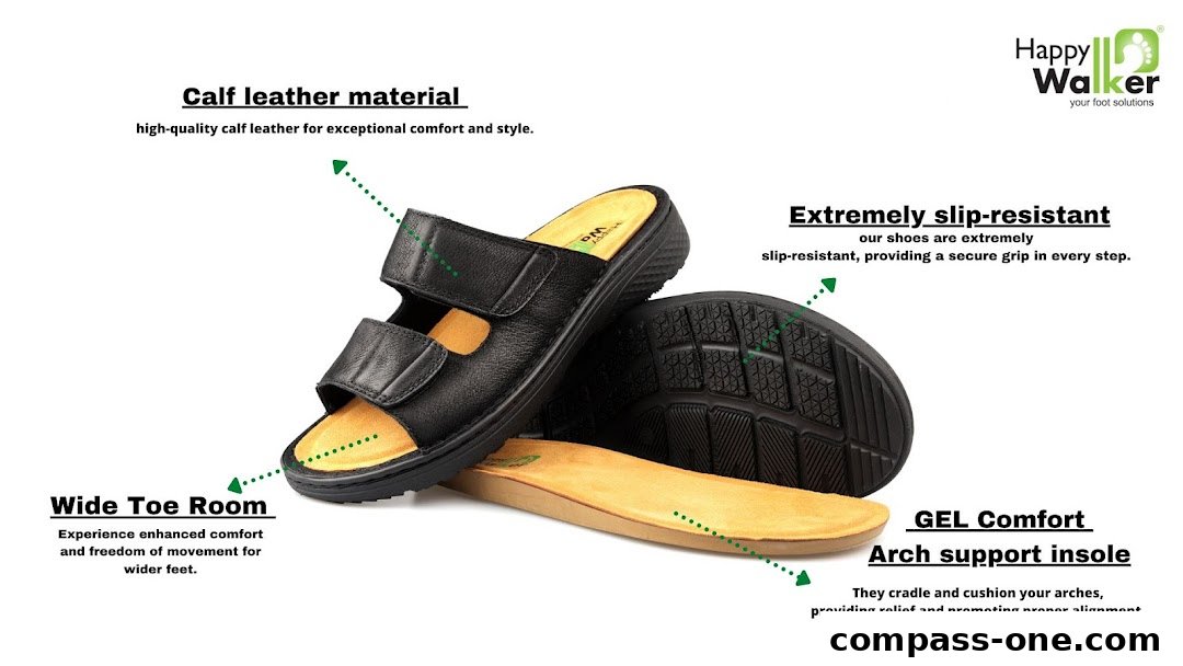 A pair of black Happy Walker sandals highlighted with features like calf leather and gel comfort.