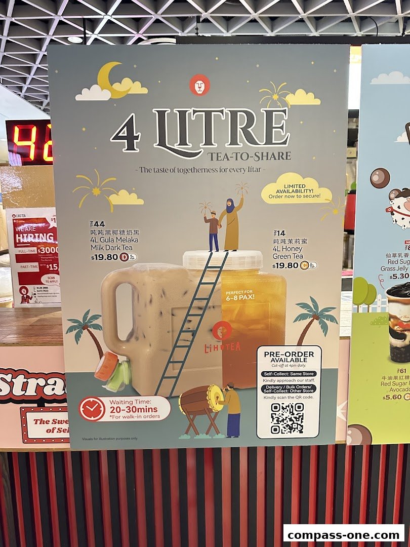 A promotional poster for LiHO TEA featuring large 4-litre drinks perfect for sharing.
