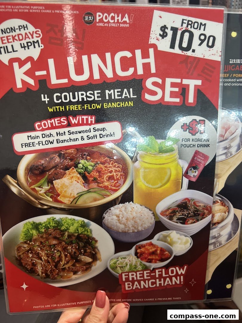 A menu for POCHA! Korean Street Dining featuring a K-Lunch 4 Course Meal.