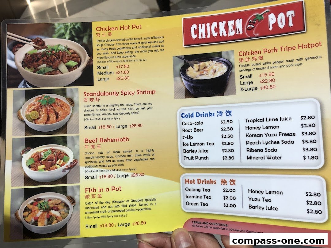 A menu featuring various hot pot dishes, spicy shrimp, beef, fish, and a selection of cold and hot drinks.