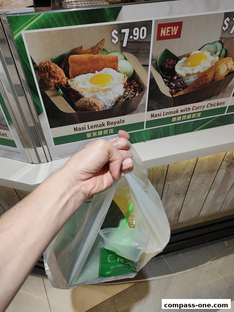 A hand holds a bag with food from Crave Nasi Lemak, showing menu items.