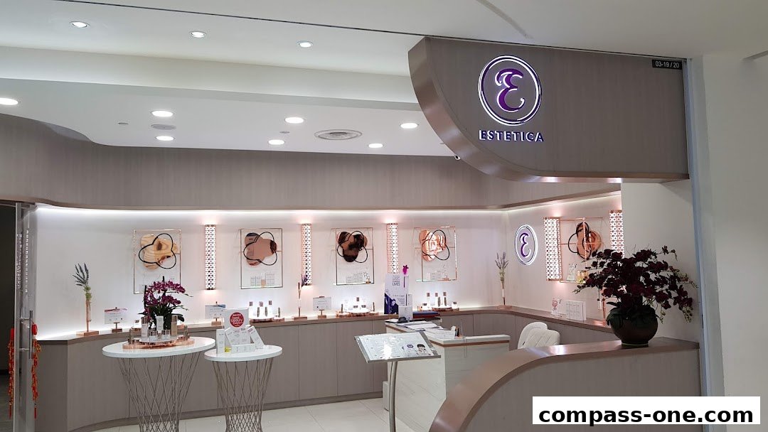 The interior of Estetica Beauty shop, showcasing products and a reception desk.