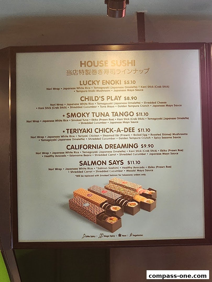A menu board displaying various sushi rolls with their ingredients and prices.