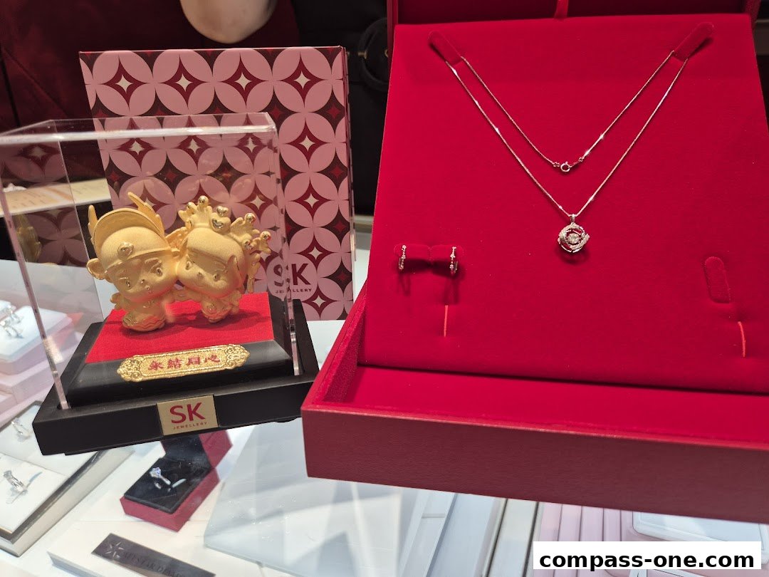 SK Jewellery display featuring gold figurines, a diamond necklace, and earrings.