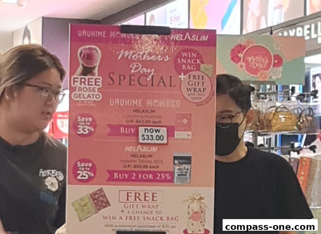 A promotional poster for Mother's Day specials at a health and beauty store.