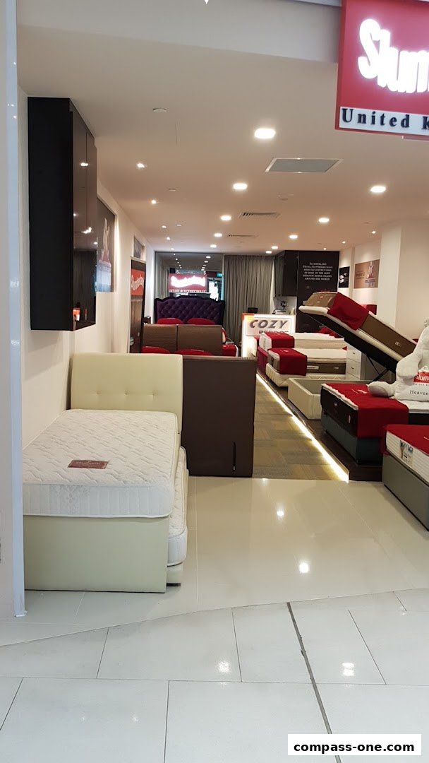 Interior view of a bedding store showcasing various mattresses and bed frames.