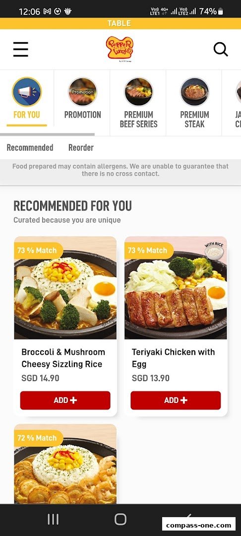 A mobile app screen showing recommended dishes from Pepper Lunch with prices and add buttons.