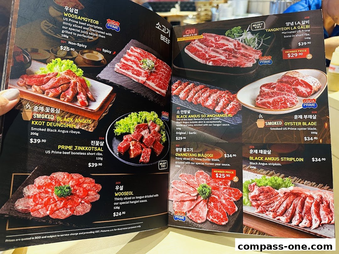 A menu showcasing various cuts of premium beef and Korean BBQ dishes.