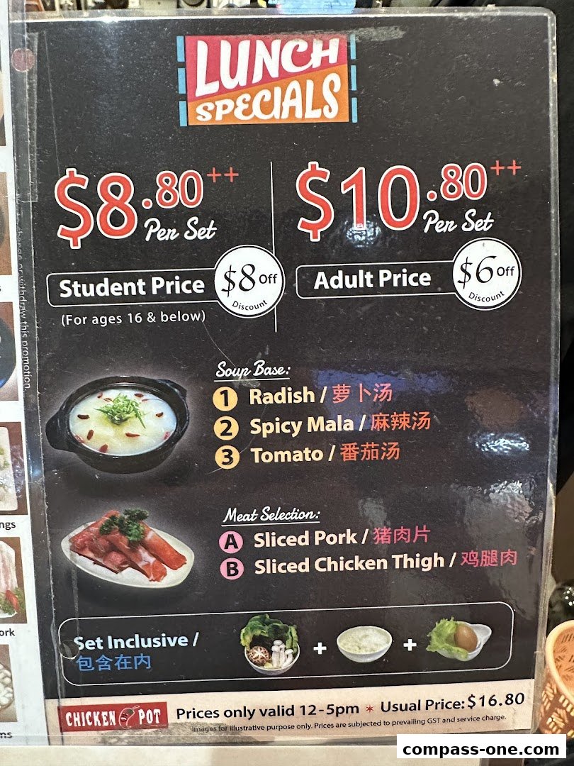 A menu board for Chicken Hotpot featuring lunch specials with student and adult pricing.
