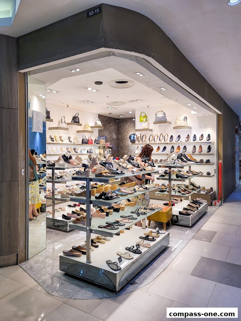 A well-lit shoe store displaying a wide variety of women's footwear and handbags.