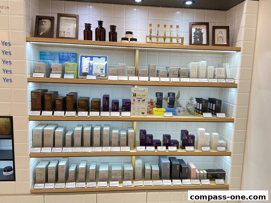 Shelves filled with various skincare products and decorative items in a clean, well-lit store.