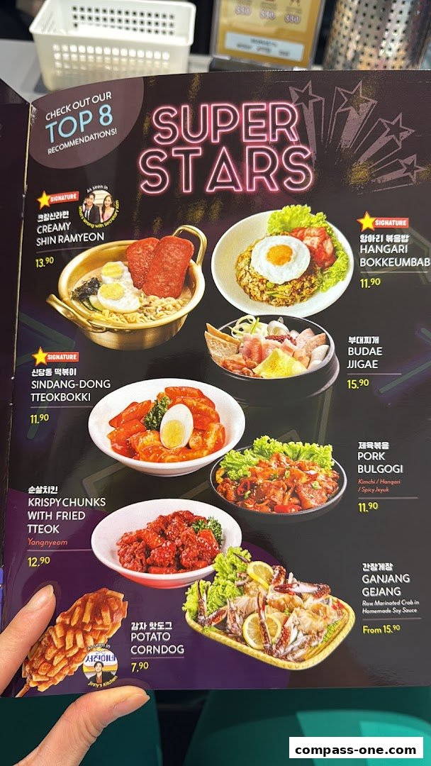 A menu showcasing Korean street food dishes with vibrant images and descriptions.