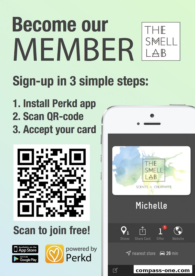 A graphic promoting membership for The Smell Lab, featuring a QR code and app interface.