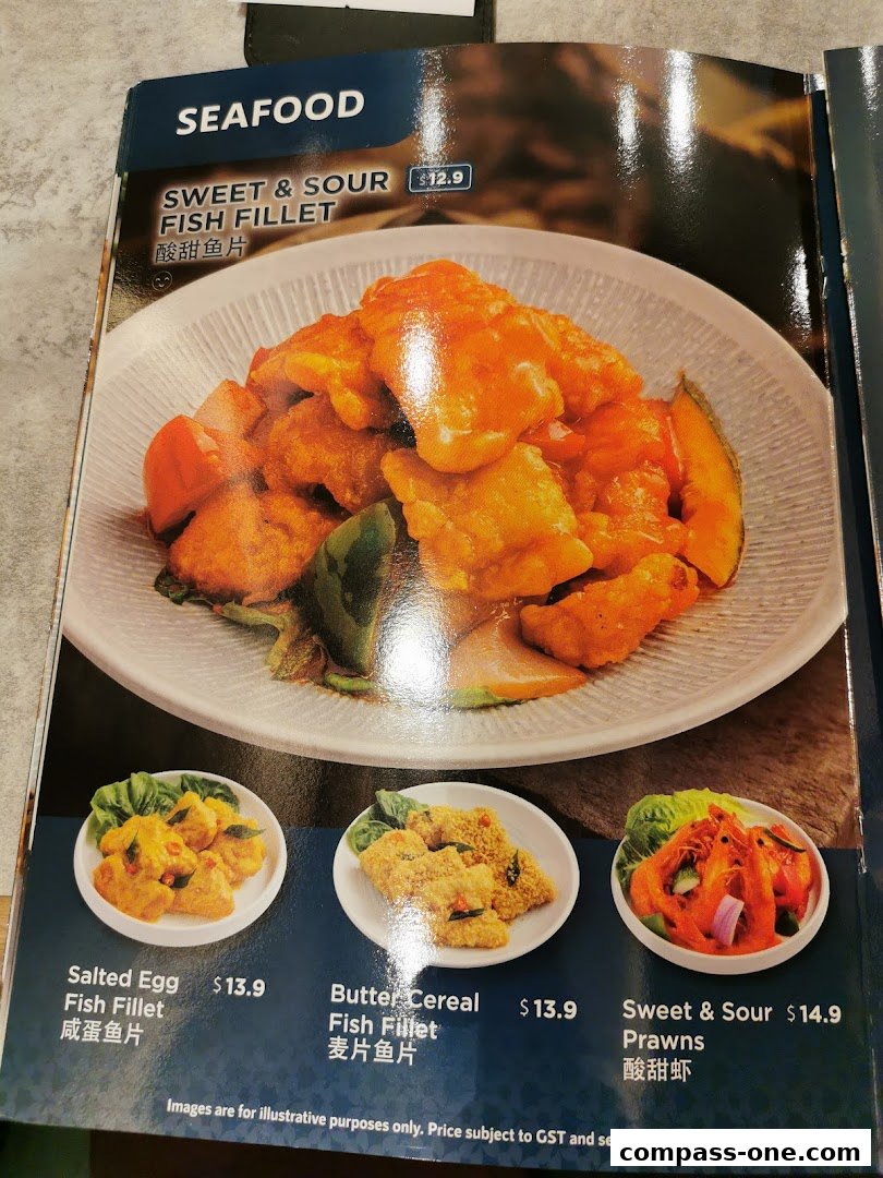 A menu page showcasing seafood dishes with appetizing images and prices.