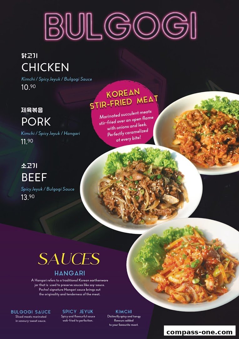 A menu showcasing Korean Bulgogi dishes with descriptions and prices.