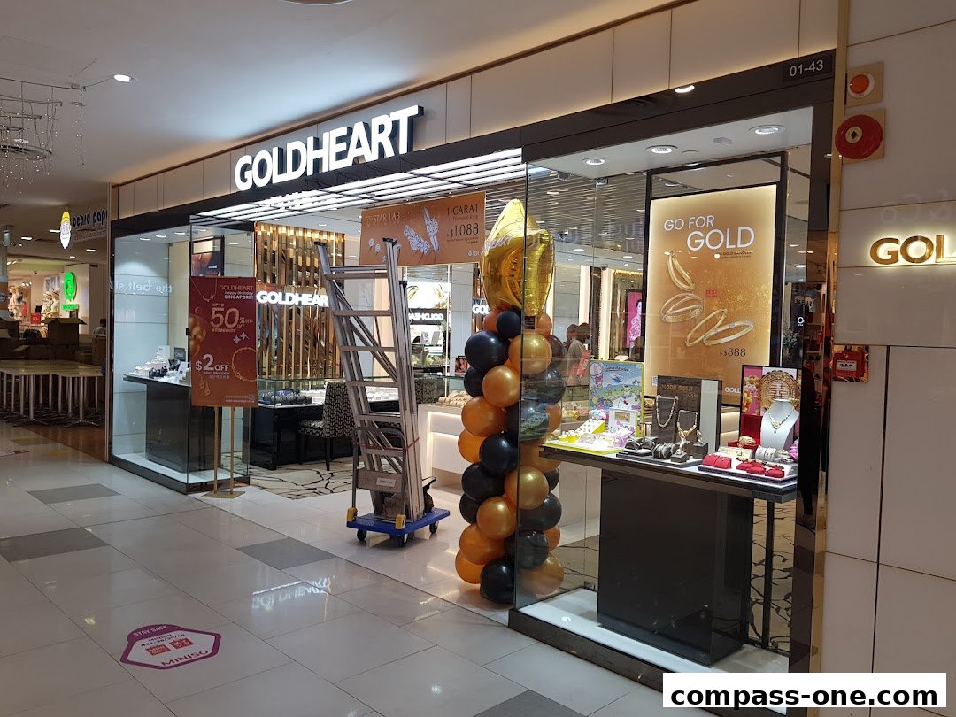 Goldheart jewelry store with a display of necklaces, rings, and bracelets, decorated with balloons.