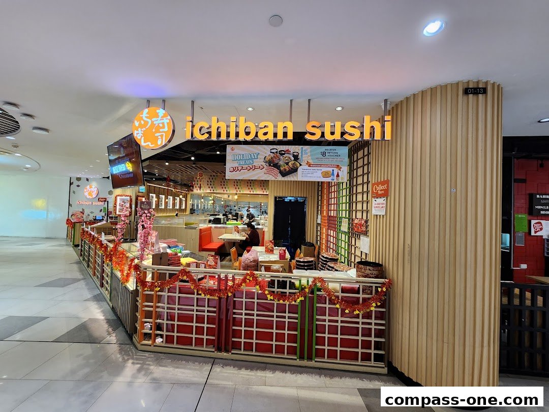 The exterior of Ichiban Sushi restaurant with festive decorations and seating visible inside.