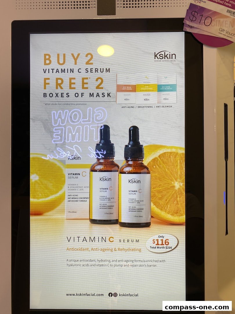 Advertisement for Kskin Korean Express Facial featuring Vitamin C Serum and free masks.