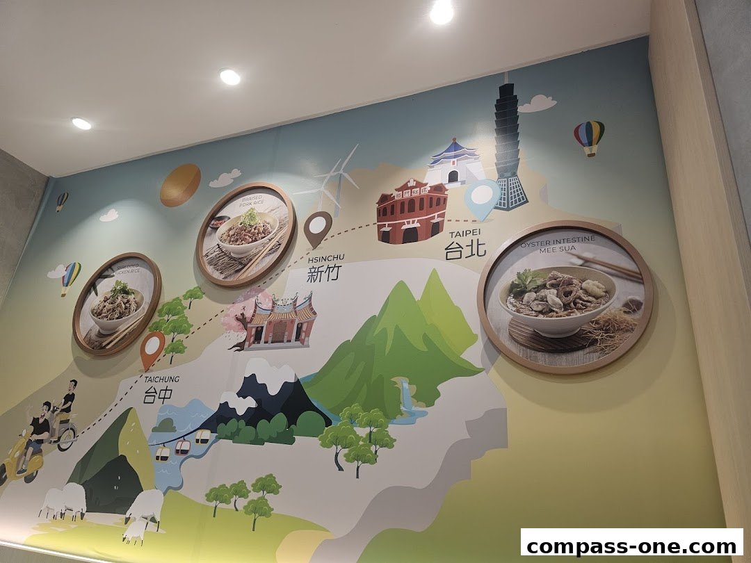 A wall mural depicting a map of Taiwan with food items and landmarks.