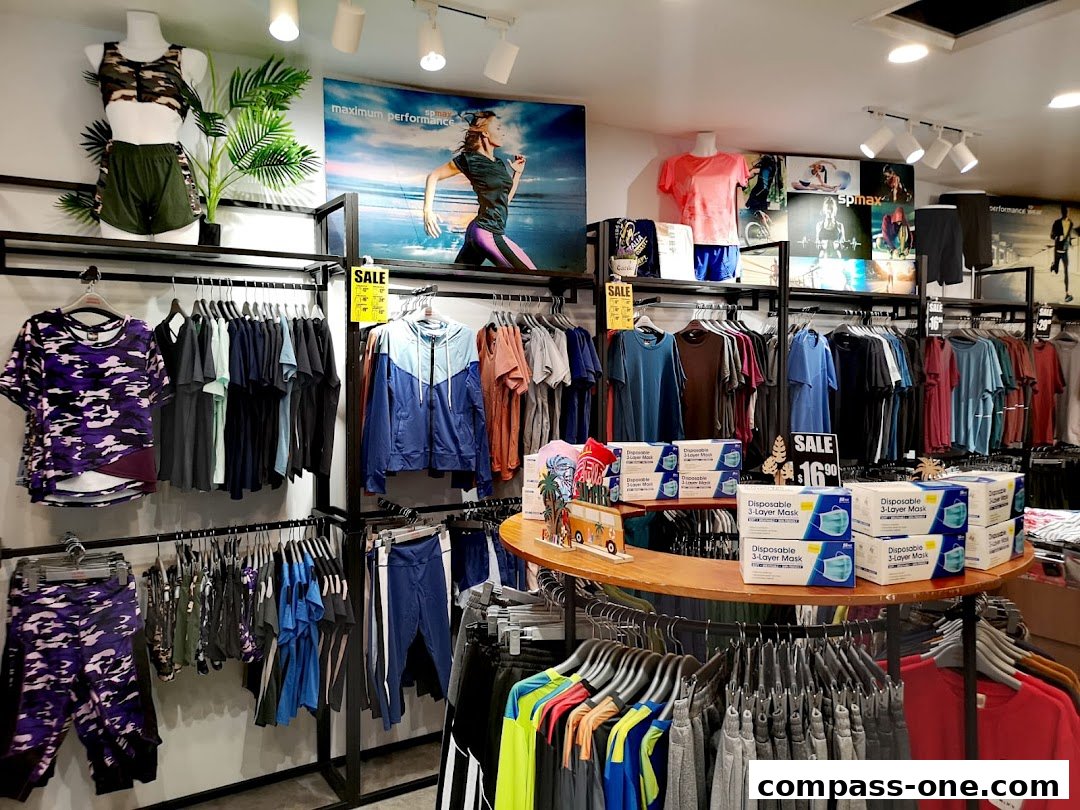 A retail store interior displaying athletic apparel and face masks on shelves and racks.