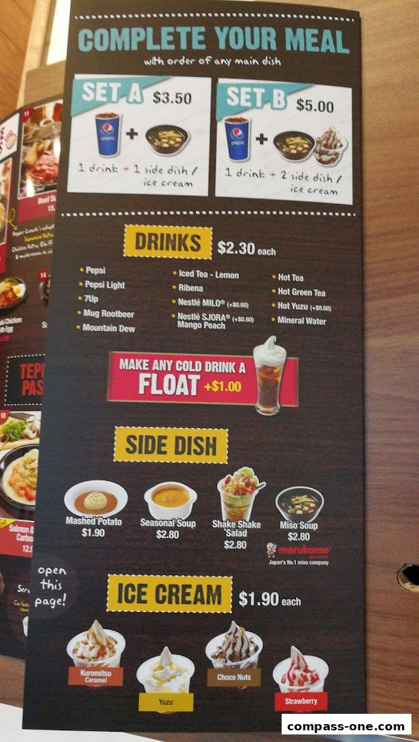 A menu from Pepper Lunch featuring meal sets, drinks, side dishes, and ice cream.