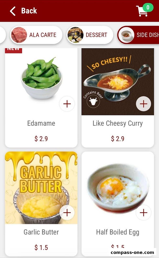 A mobile app screen displaying a Yakiniku Like menu with various food items and prices.