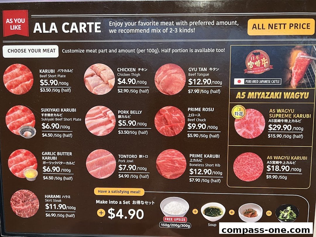 A menu showcasing various cuts of beef and chicken for yakiniku, with prices and portion sizes.