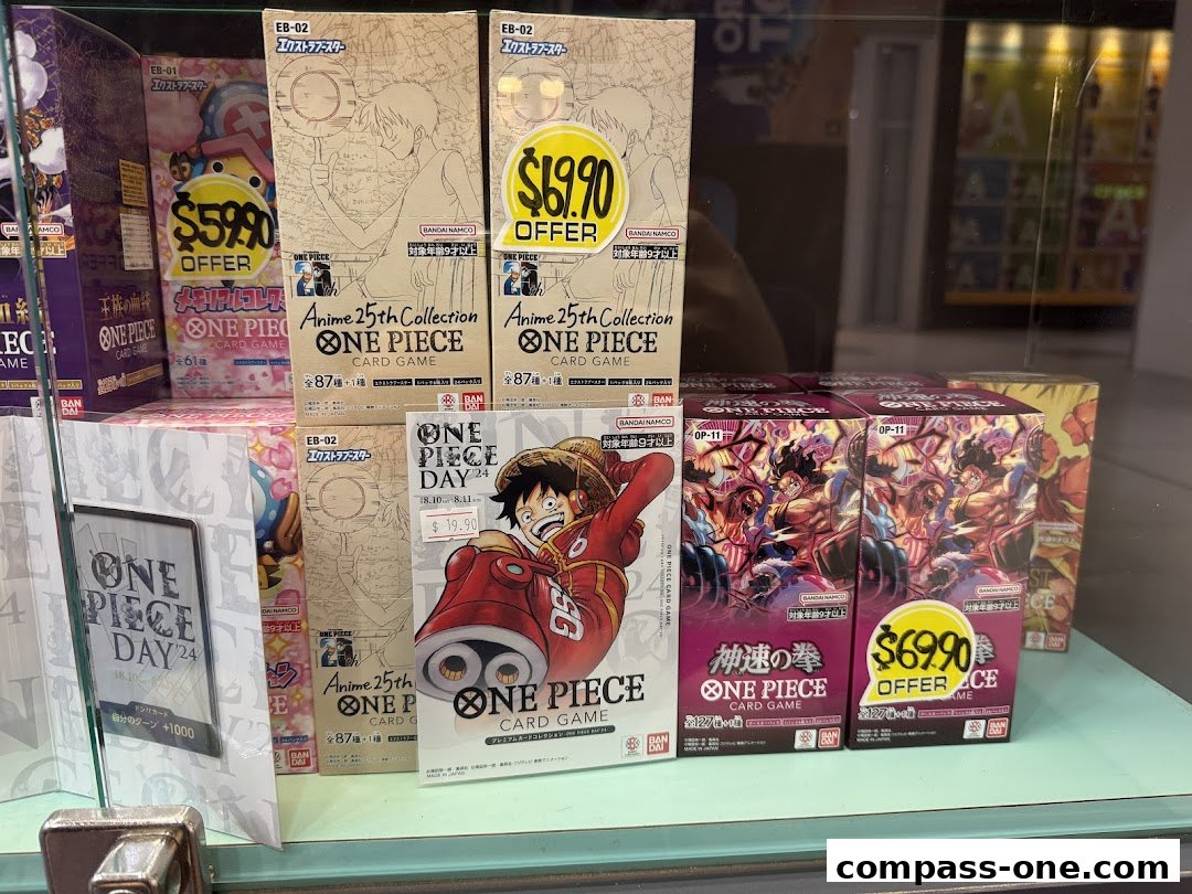 Display of various One Piece card game booster boxes and collections with prices.