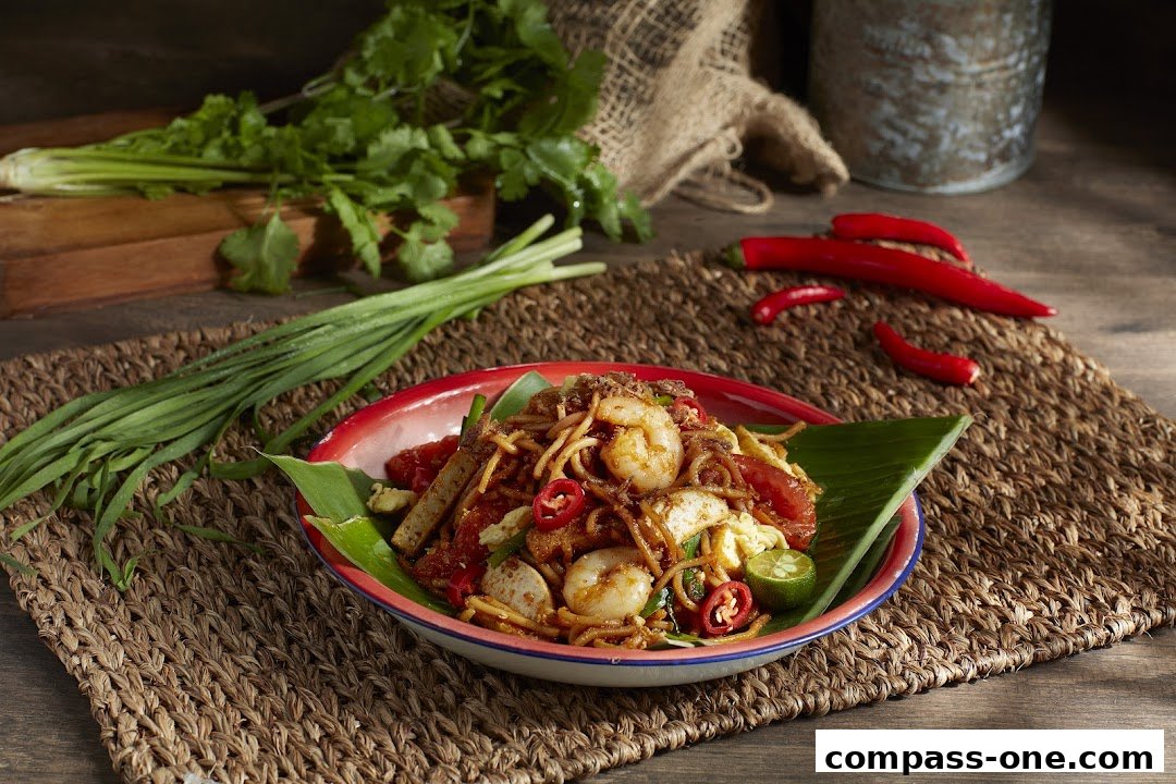 A close-up of a delicious noodle dish with shrimp, chili, and lime, garnished with fresh herbs.