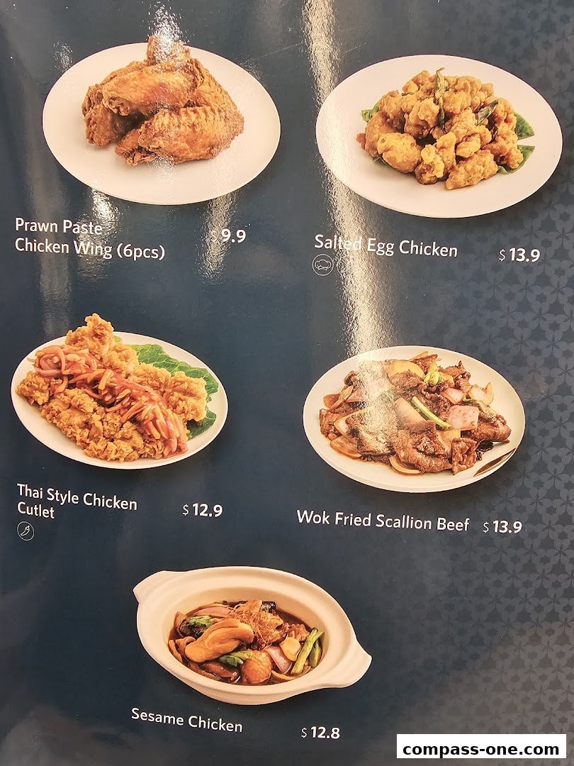 A menu featuring various chicken and beef dishes with prices.