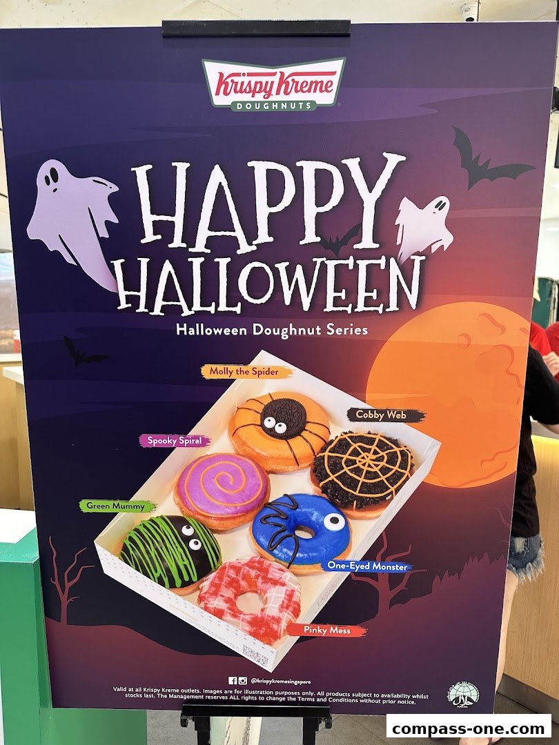 A sign advertising Krispy Kreme's Halloween doughnut series with various spooky-themed doughnuts.