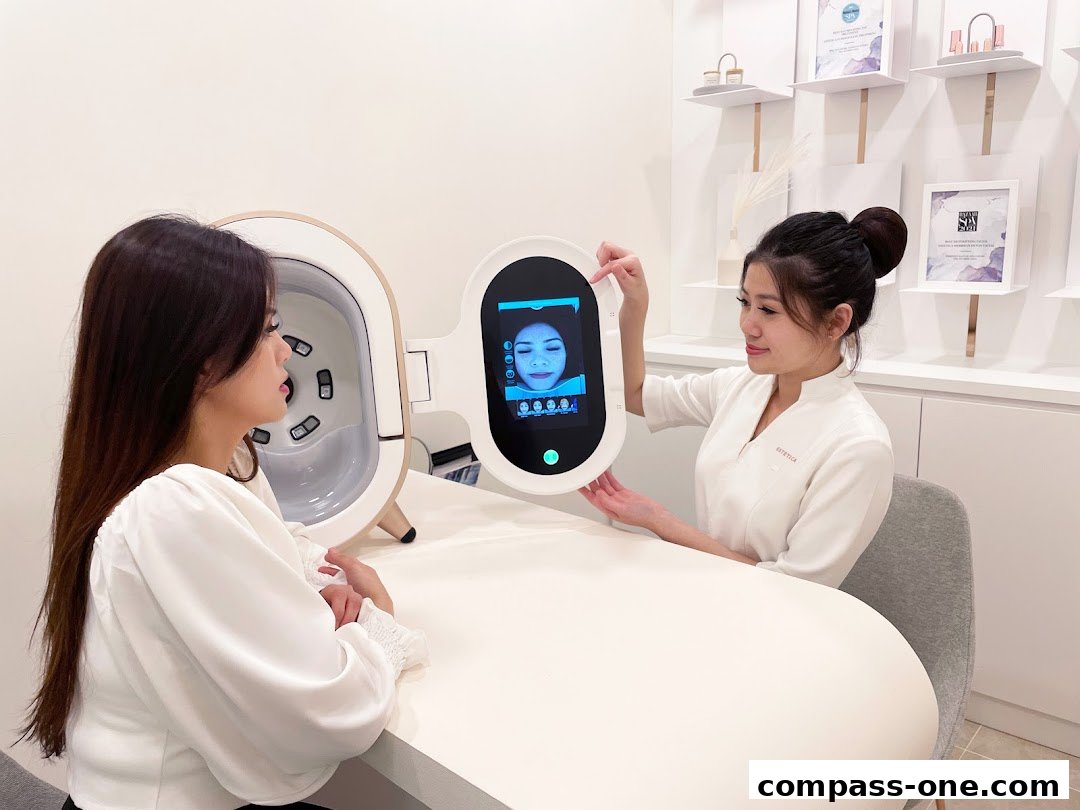 A beauty consultant uses a skin analysis machine on a client.