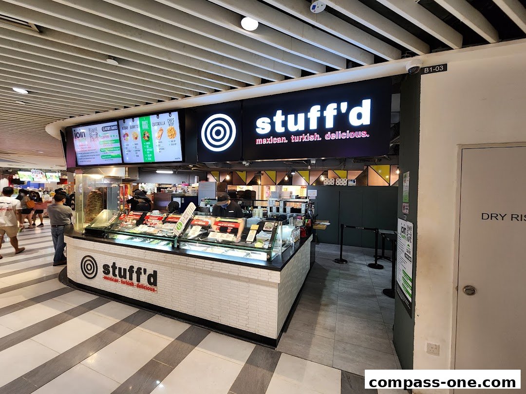 The Stuff'd shop front with a display of food and a menu board above.