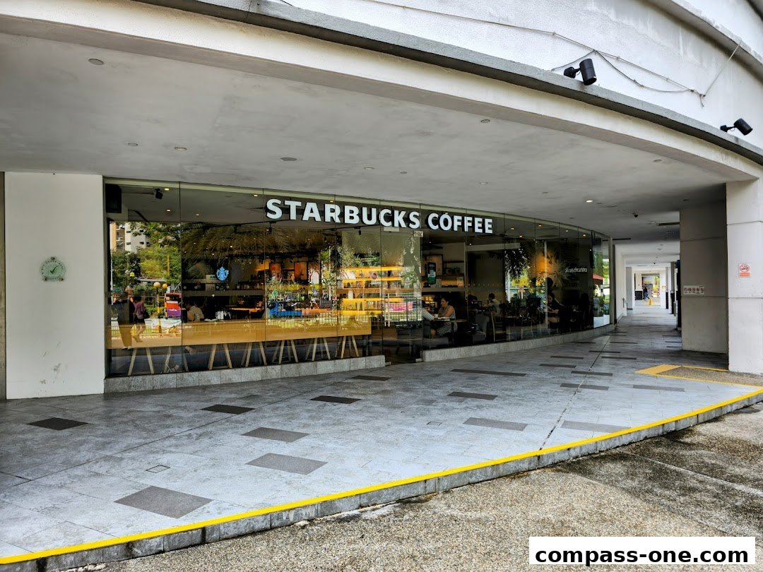 The exterior of a Starbucks coffee shop with large glass windows and seating visible inside.