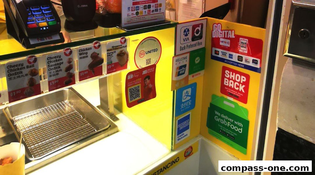 A display counter at Old Chang Kee showing popular snacks and various payment options.