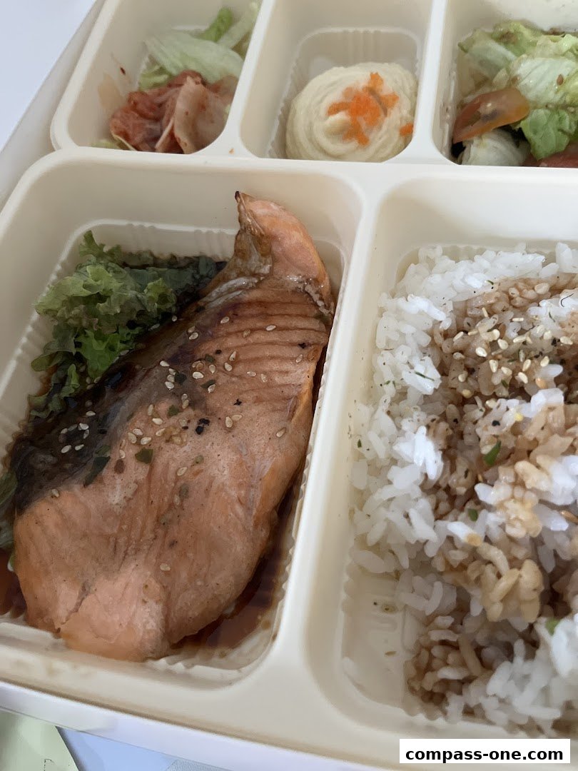 A bento box with grilled salmon, rice, mashed potatoes, and salad.