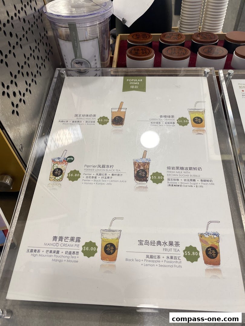 A menu display for CHICHA San Chen featuring popular bubble tea and fruit tea drinks.