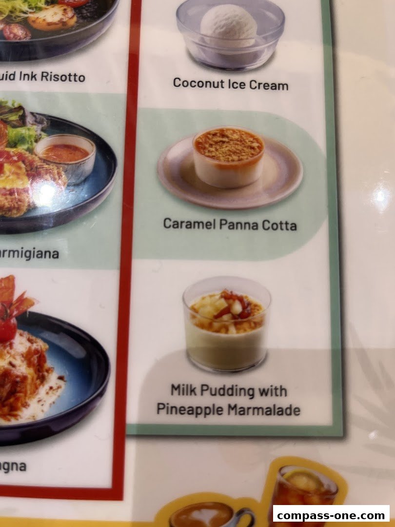A menu featuring Italian desserts like Coconut Ice Cream and Caramel Panna Cotta.