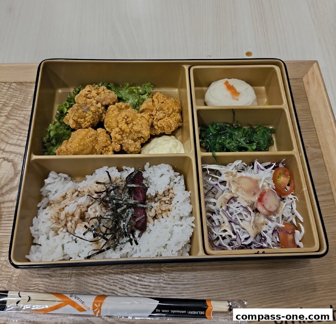 A bento box with fried chicken, rice, salad, and mashed potato.