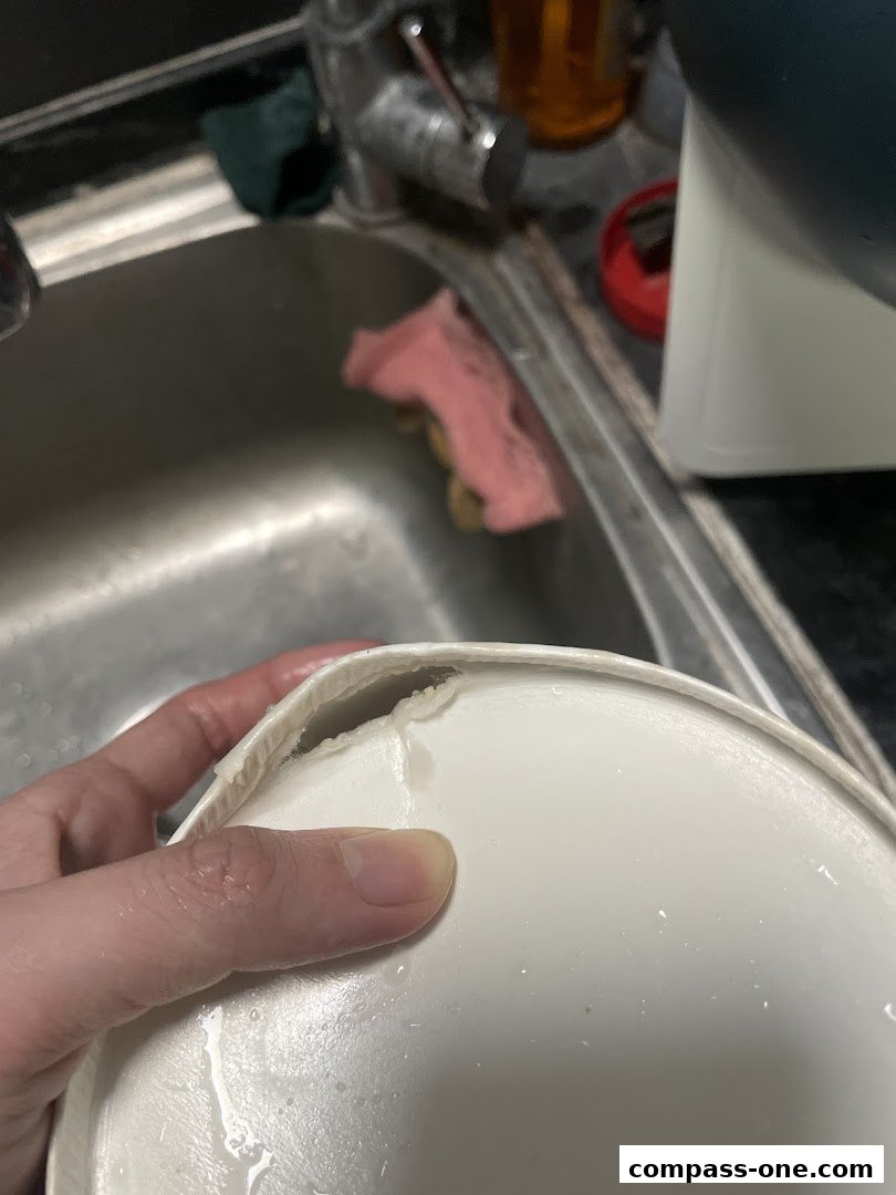 A hand holds a white bowl with a damaged rim over a kitchen sink.