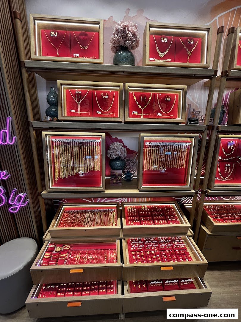 Gold jewelry displayed in illuminated red velvet cases on wooden shelves.
