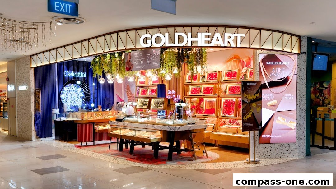 The Goldheart jewelry store features a well-lit interior with displays of necklaces, bracelets, and rings.