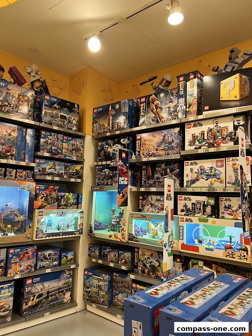 Interior view of a LEGO store showcasing a wide variety of LEGO sets on shelves.