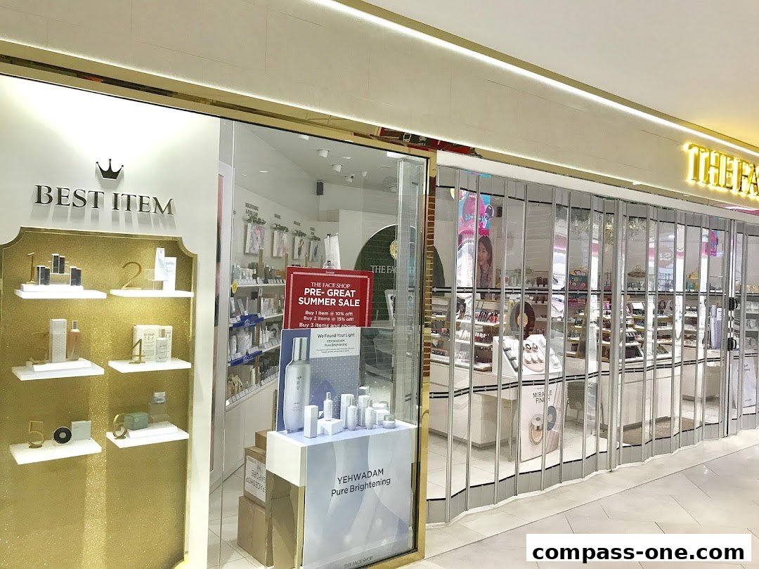 The exterior of The Face Shop, showcasing best-selling items and a summer sale promotion.