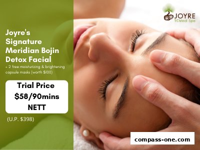 A woman receives a facial treatment at Joyre TCMedi Spa, with promotional details visible.