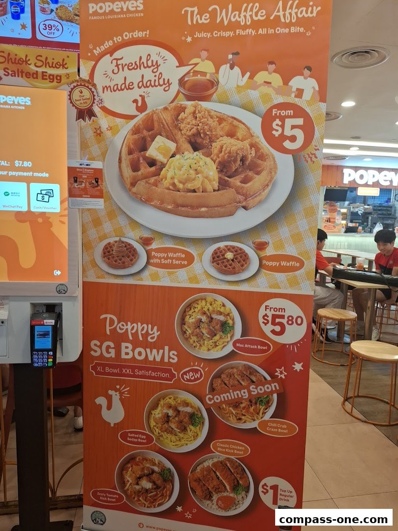 A promotional banner for Popeyes featuring their Waffle Affair and SG Bowls.