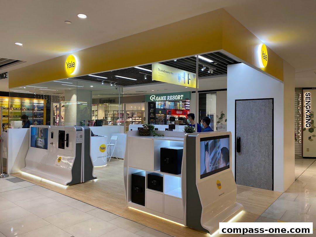 The Yale Smart Shop Sengkang features modern displays showcasing smart locks and security solutions.