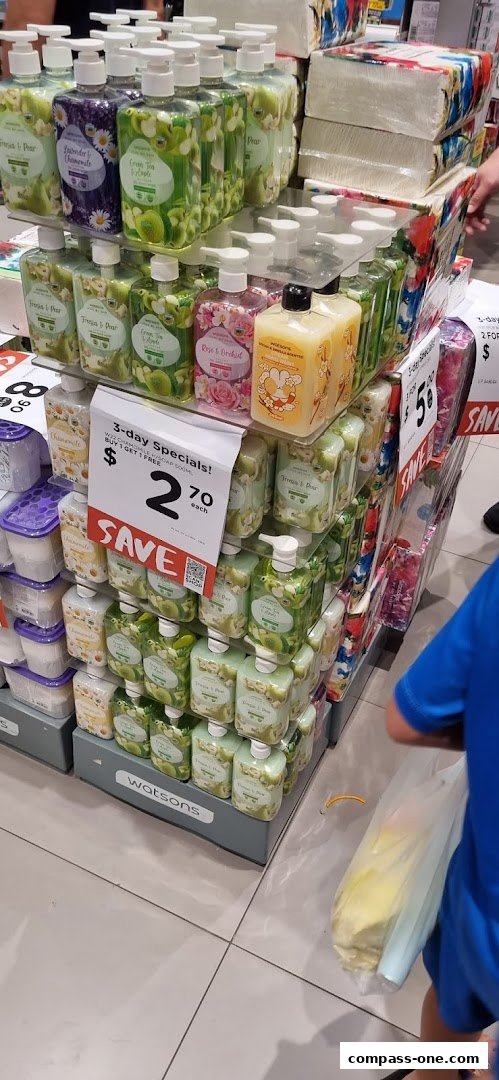 A display of Watsons hand soaps with a special offer sign.