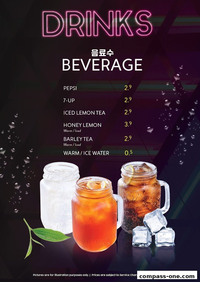 A menu featuring various beverages with prices, including Pepsi, 7-Up, and teas.