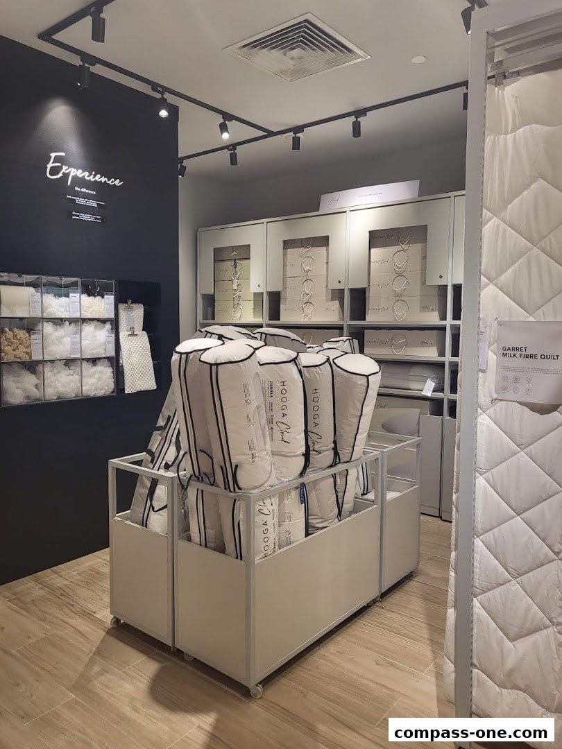 Interior of a HOOGA shop showcasing bedding products and materials.
